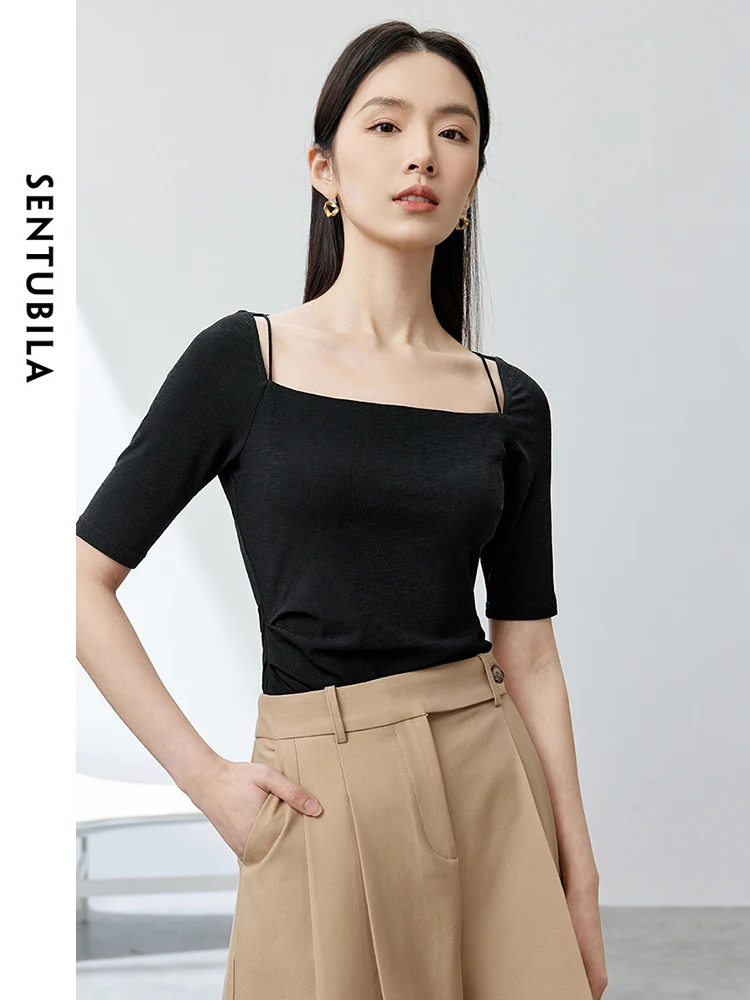 

SENTUBILA Black Slim Cropped T-shirt Female 2024 Summer Square Collar Short Sleeve Top Pullovers Elegant Women Clothes 142T54297