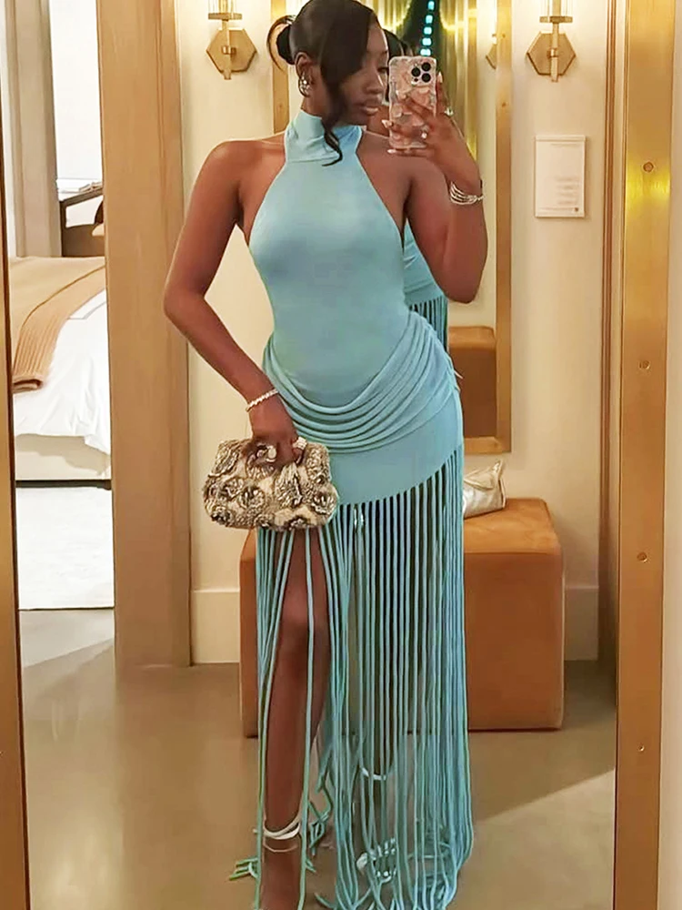 

Women Velvet Ruched Patchwork Tassel Hem Elegant Sexy Backless Valentine's Day Party BodyconWeird Puss Halter Turtleneck Dress