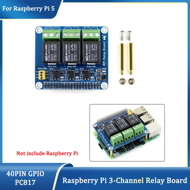 5V 3 Channel Relay Expansion Board for Raspberry Pi 5 4B/3B+/3B Strong Electricity 3 Way Relay Controls Module for Smart Home