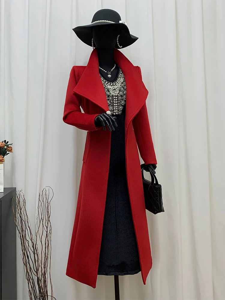 

Pinnor Thiened Winter Woolen Coat Ele Red Color for Women Commute Sle Long Sve Floor Length Belted Coat