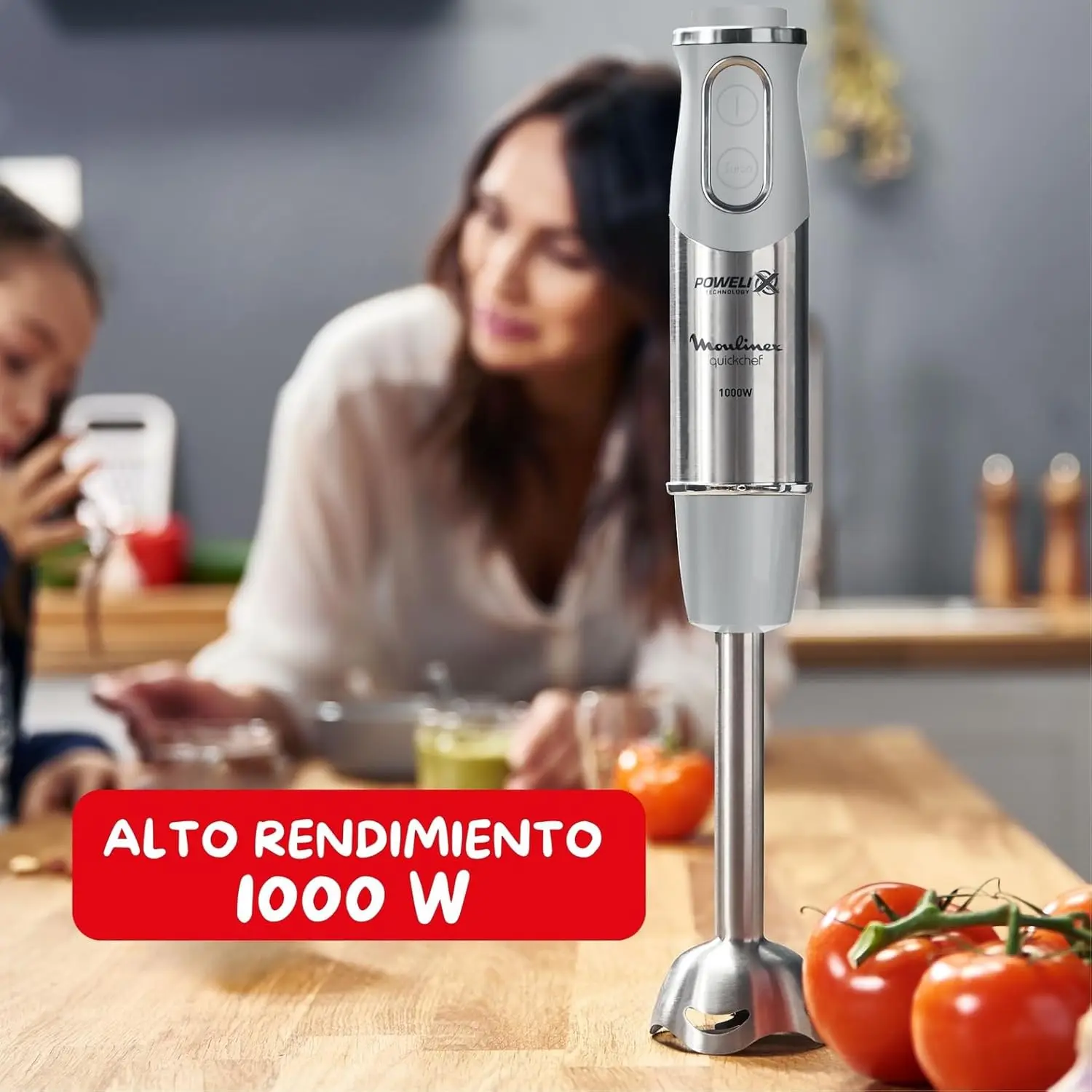 oulinex QuickChef, Batidora de Mano 1000 W, Regulador de 10 Velocidades Turbo, 3 Accesorios para Picar y Montar y Vaso Medidor, C