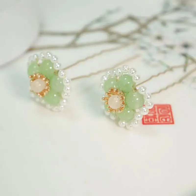 Chinese Style Faux Pearl Flower U Shaped Hair Pins Vintage Hanfu Hairpins Traditional Palace Hair Accessories For Women Bridal