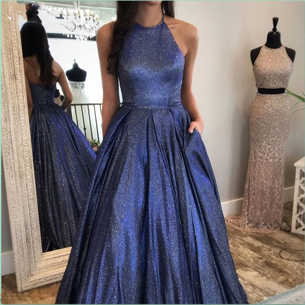 A Line Evening Dresses Halter Neck Elegant Dresses For Women Glitter Wedding Party Dress Sleeveless Robes De Soirée