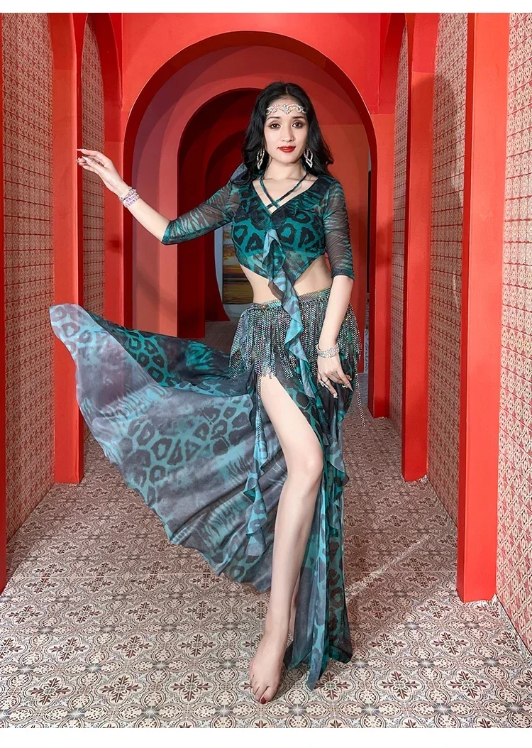 

Женский тренировочный костюм для танца живота, комплект из топа и длинного платья с разрезом и принтом