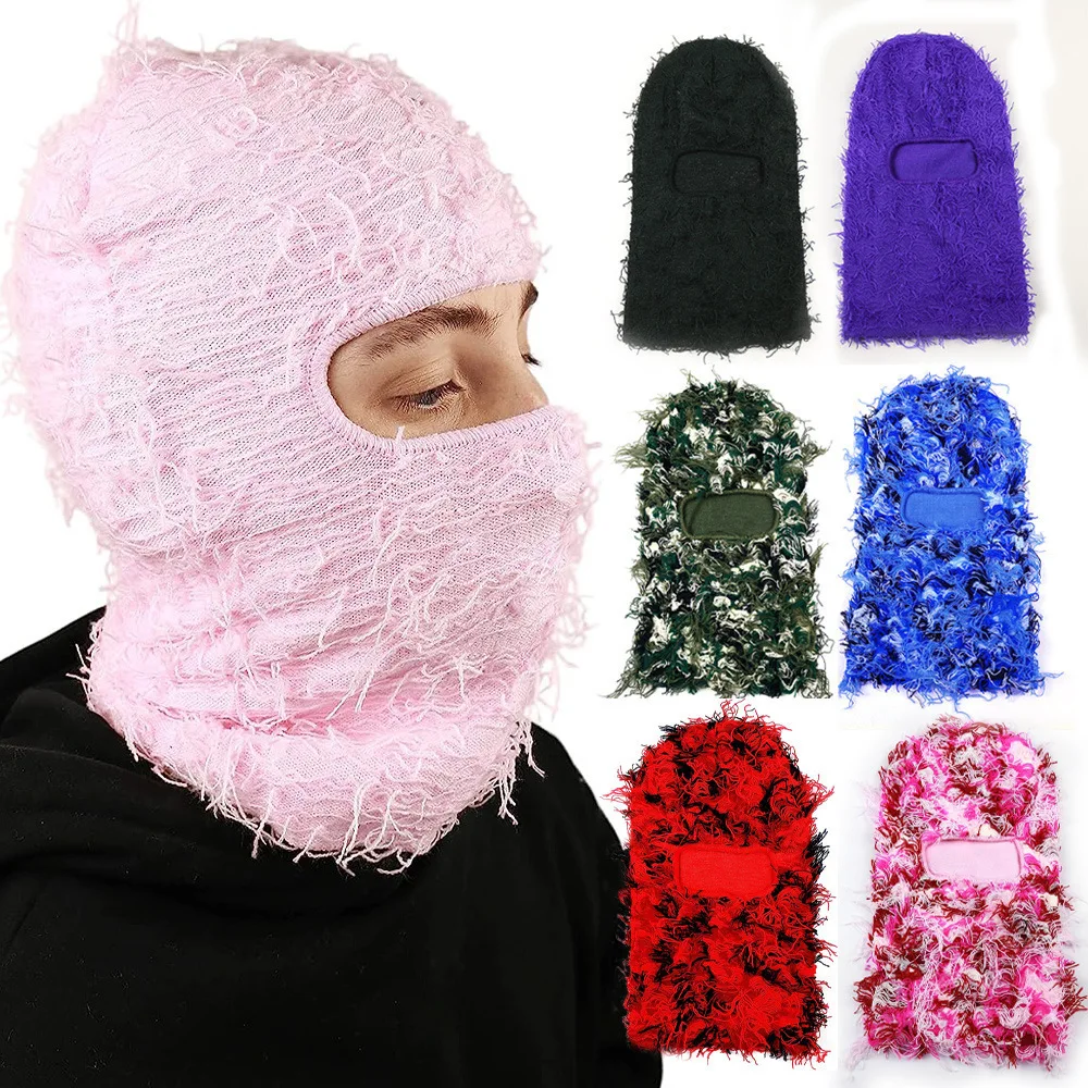 Camouflage Balaclava Distressed Knitted Hat Full Face Ski Mask for Men Beanies Hats Skullies Outdoor Bonnet Windproof Hats