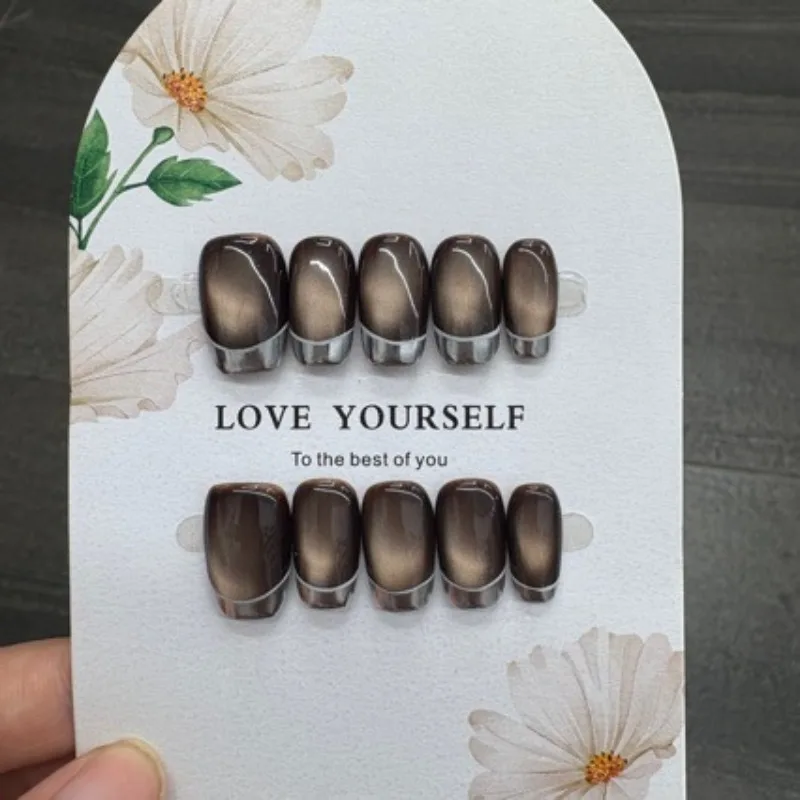 10pcs Handmade Short Square-shaped Cappuccino Caramel Cat-eye French Press-on Nails—perfect As A Gift for Girls and Friends