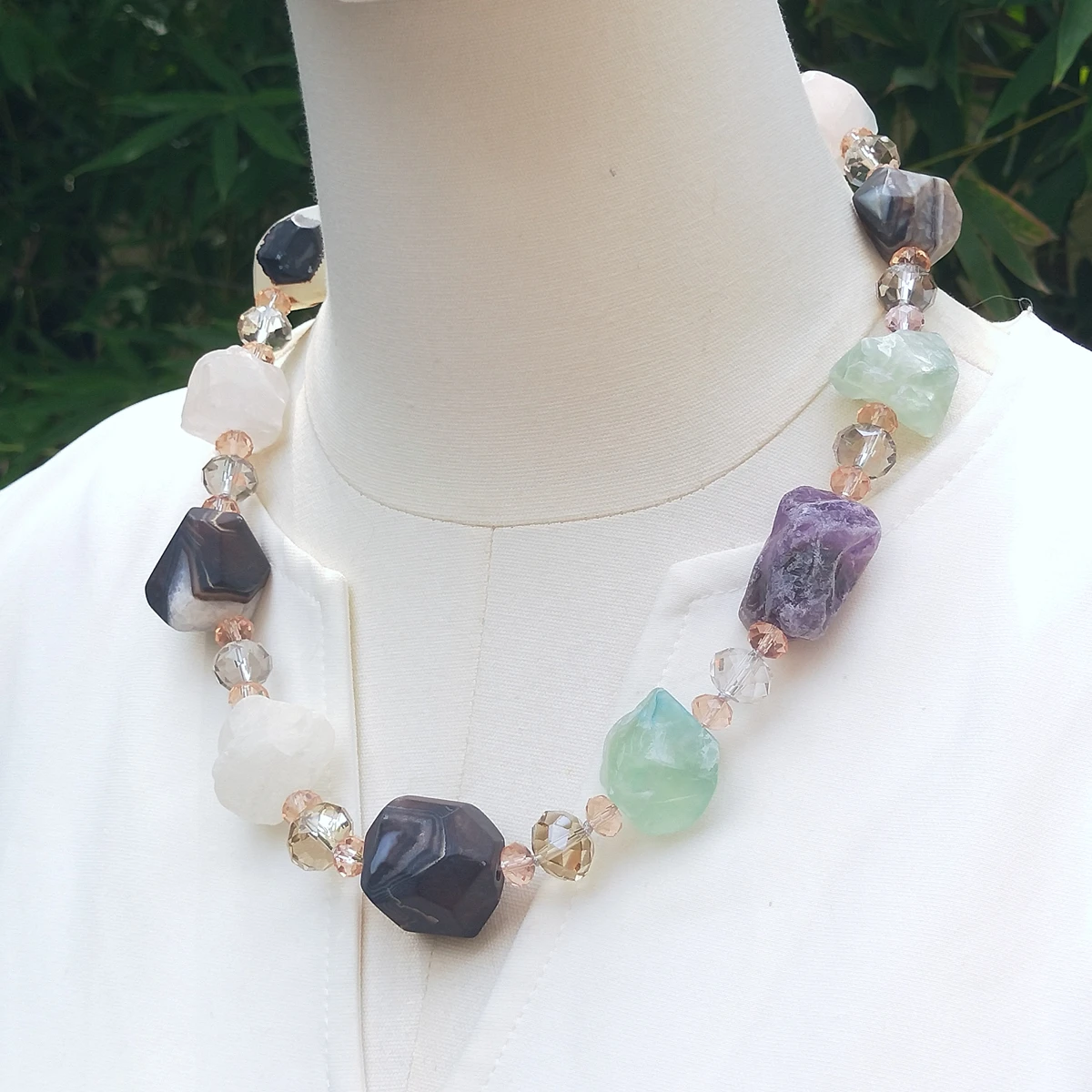 Lii Ji Real Stone Mutil Color Amethyst Fluorite Agate Crystal Necklace 54cm Stock Sale Women Jewelry Gift