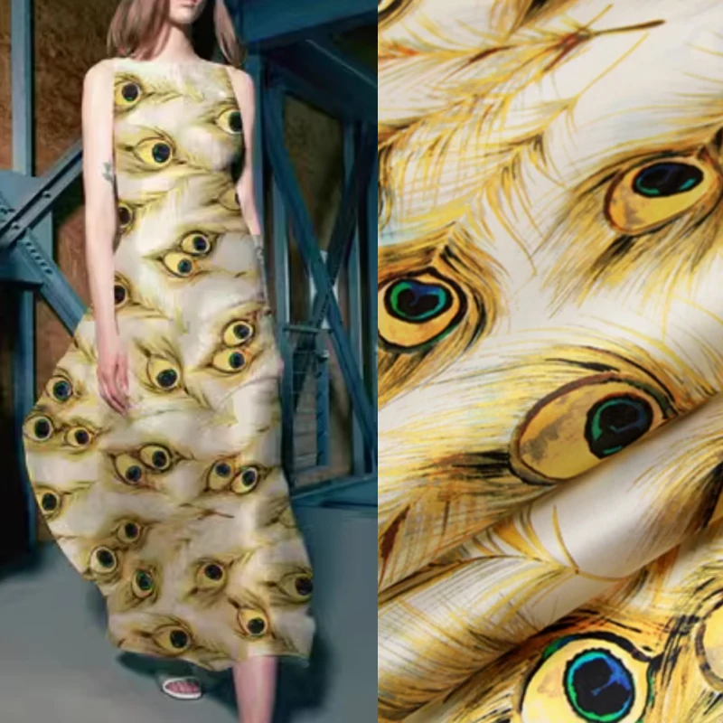 

135 см 14 мм шелковая ткань из органзы с принтом павлиньих глаз для летнего платья, юбки, материал для шитья своими руками R2631