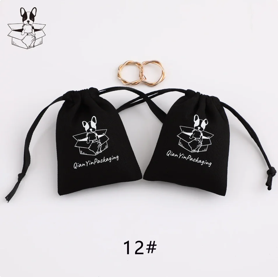 50 black Cotton drawstring bag personalize logo custom dust pouch jewelry packaging pouch printing wholesale gift packaging prod