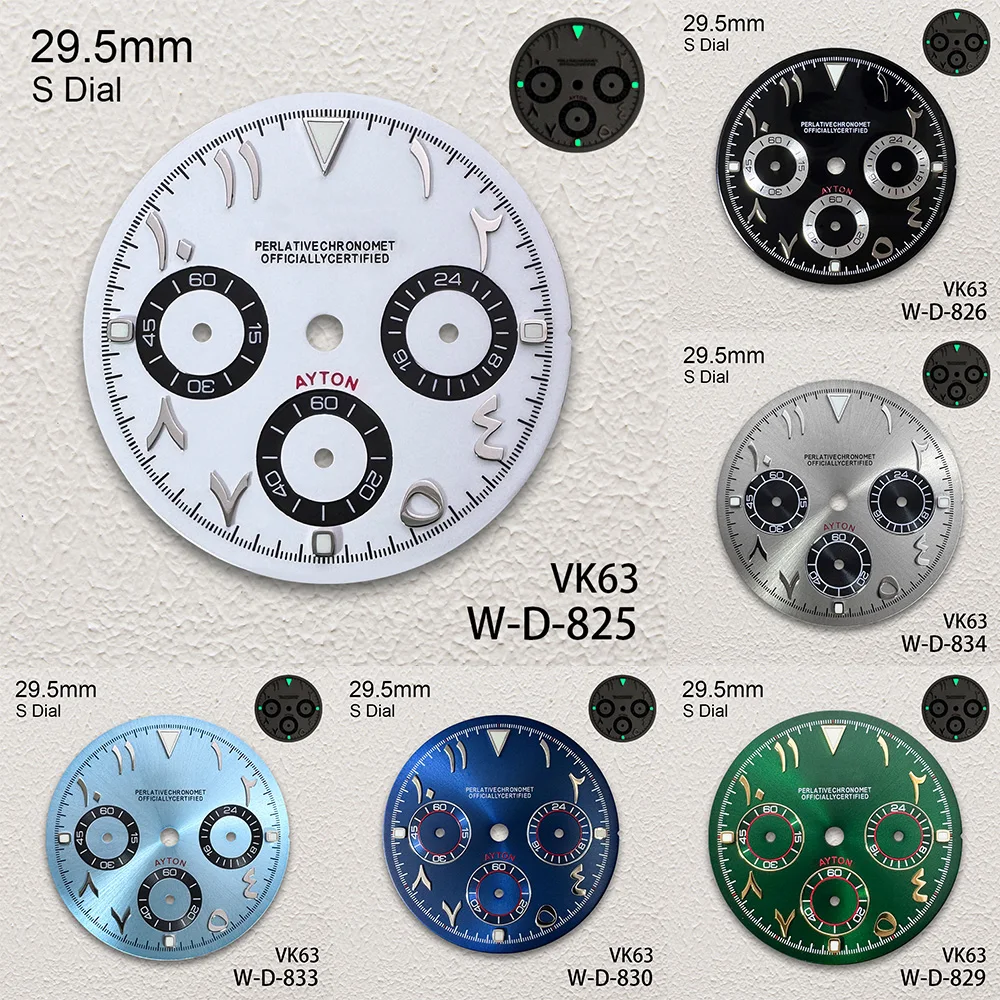 29.5mm DTN Arab Panda S Dial Fit VK63 Movement Green Luminous High-Quality Watch Modification Accessories