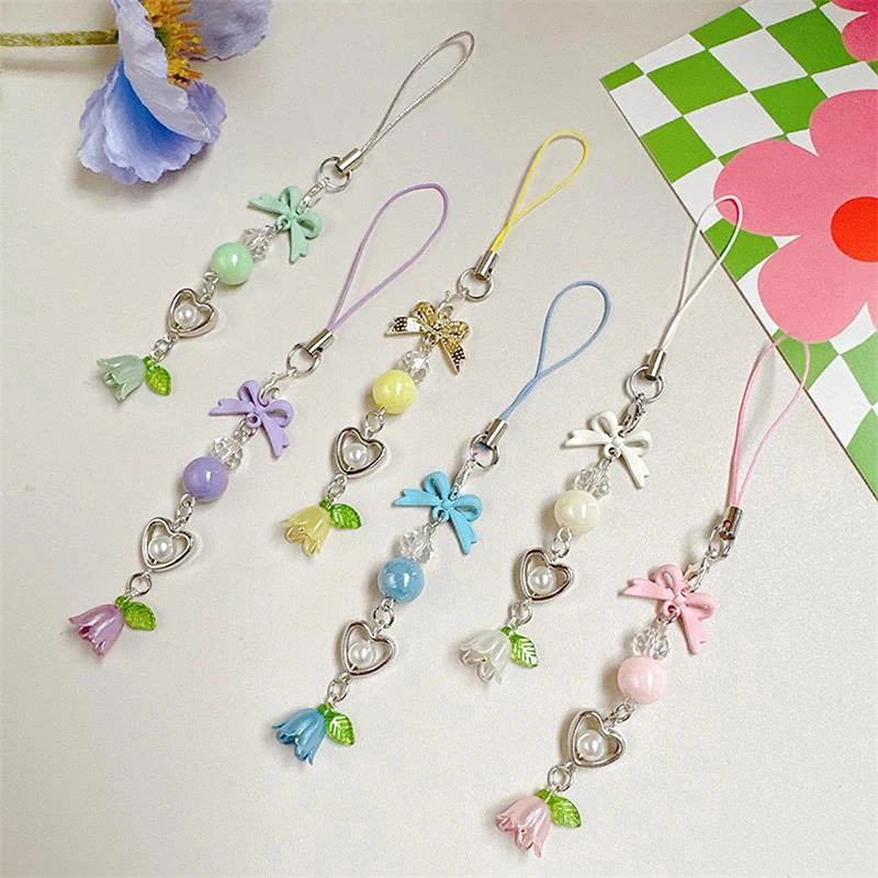 Cute Sweet Girly Bow Lily Of The Valley Beaded Mobile Phone Strap Chain Lanyard Keychain Pendant Charms Bag Ornament Accessories