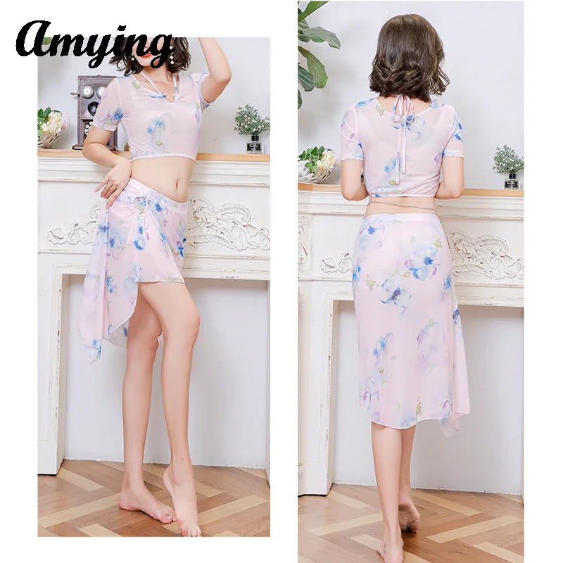 Women Sexy Top+Split Skirt Costume Set Oriental Dance Practice Training Performance Floral Clothing Beautiful Flower Skirt