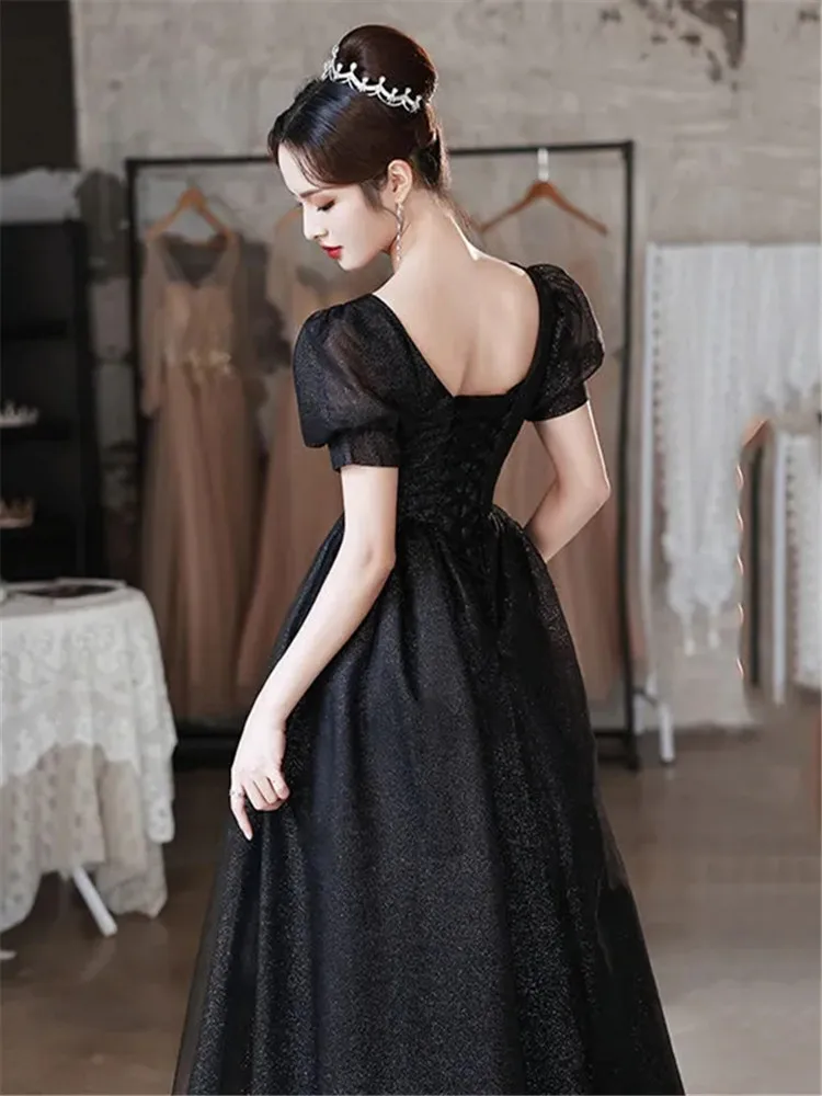 Dress Spring and Summer New French Solid Color Sequin Square Collar Short Sleeve Long A-line Skirt Elegant Women's Clothing M335