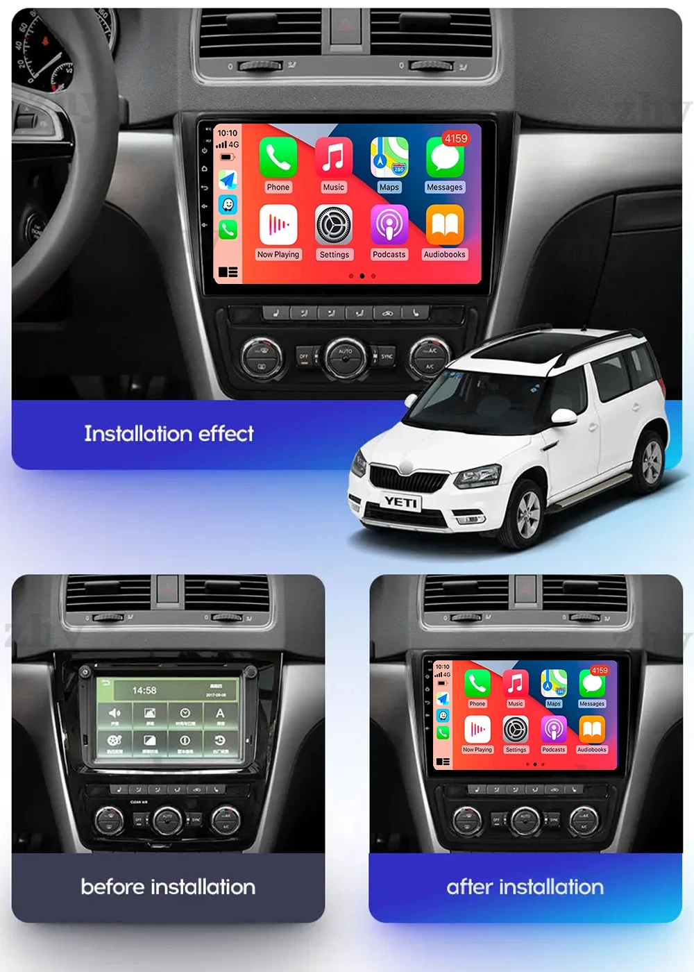 For Skoda Yeti 5L 2009 2010 2011 2012 2013 2014 10 Inch 8-Core Android 14 Car Radio Stereo with Frame Auto Apple Carplay QLED