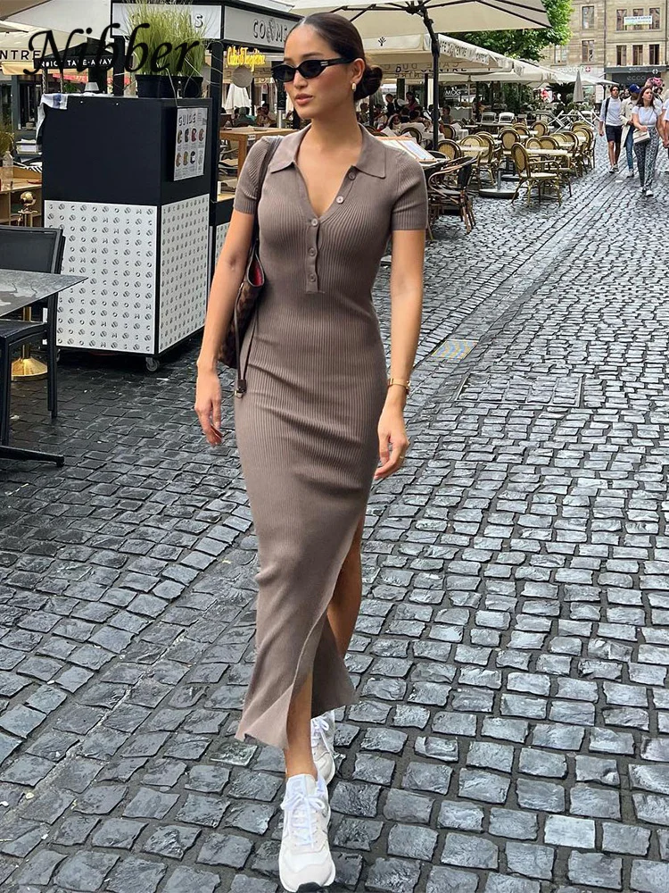 Nibber Jednokolorowa sukienka maxi Letnie ubrania dla kobiet Eleganckie sukienki z jednym kołnierzem Streetwear Party Travel
