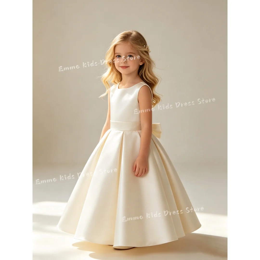 Custom Ivory Satin A-Line Dress with Back Bow for Flower Girl Wedding Birthday Party