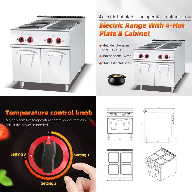 for Commercial Floor to Ceiling Electric Stove 4 Burner with Cabinet Restaurant Kitchen Cooking Equipment Heavy Duty
