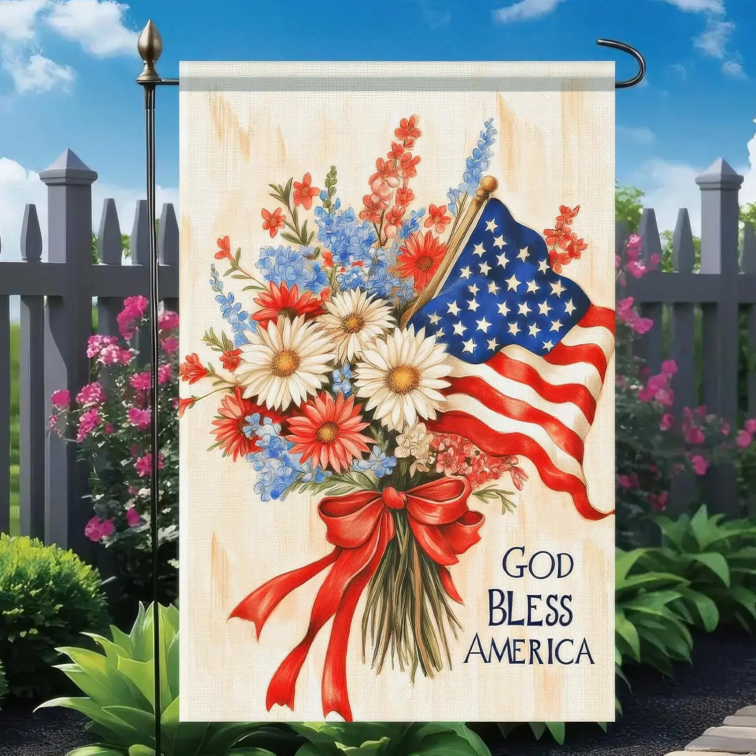 God Bless America Floral Garden Flag 12x18 Inch Double Sided for Outside Small 4th of July USA Independence Day Outdoor Farm SSL