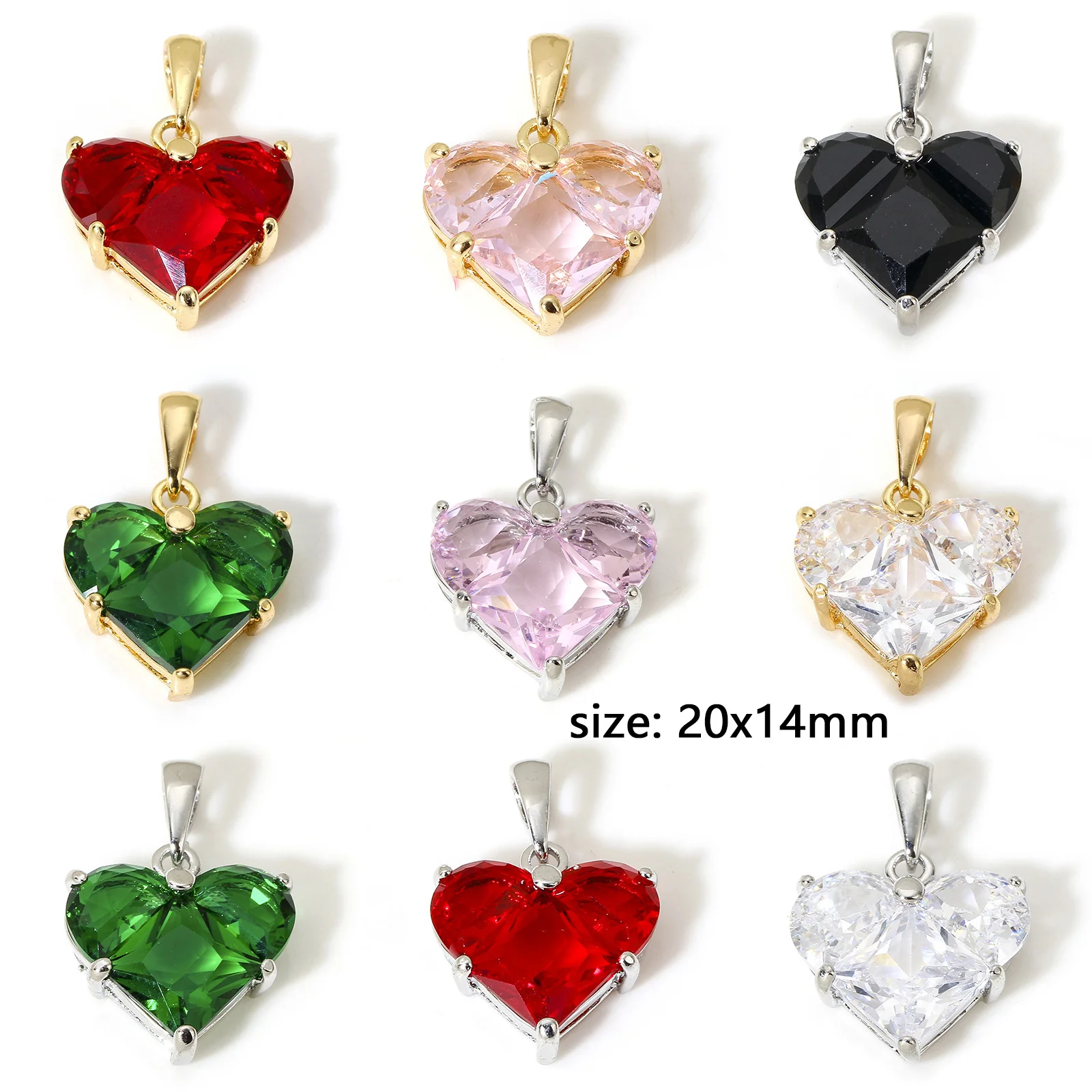 1 Piece Copper Valentine's Day Charms Gold Color Heart Multicolour Cubic Zirconia Pendants For DIY Jewelry Making 20mm x 14mm