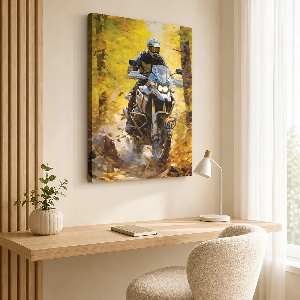 Motorcycle Ride Through Autumn Forest Framed Canvas Print Poster Customized Photo Retro Automotive Wall Art for Man Cave Decor