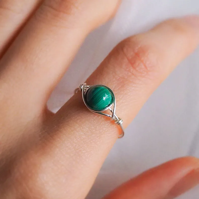 Natural Malachite Beads Rings Lapis Lazuli For Women Handmade Silver Gold Plated Metal Wire Weaved Finger Ring Jewelry Girl Gift