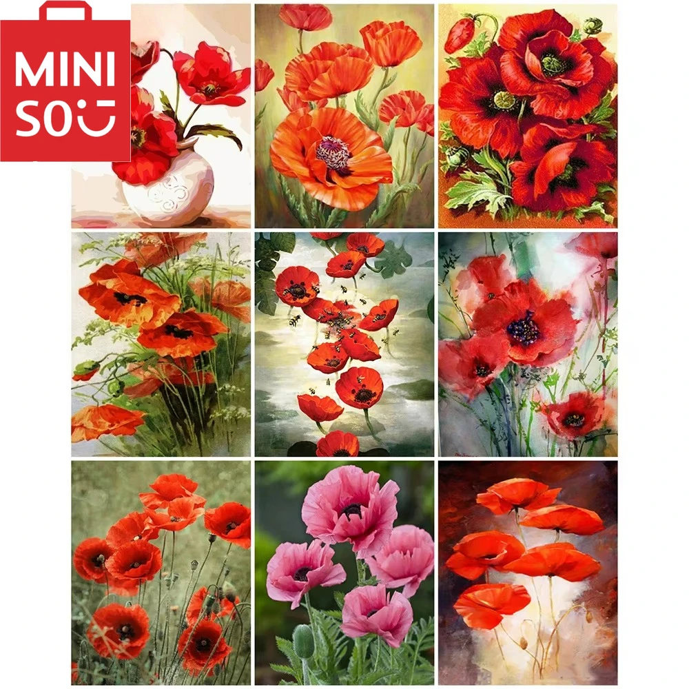 MINISO-pintura al óleo por número de amapola, arte de pared, decoración del hogar, pintura de pared, dormitorio, decoración de habitación, marco de regalo