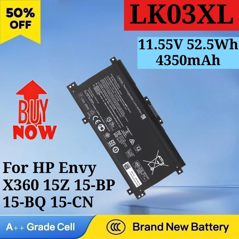 New LK03XL 11.55V 52.5Wh 4350mAh Laptop Battery for HP Envy X360 15Z 15-BP 15-BQ 15-CN 15M-CN 17-AE 17-BW HSTNN-LB7U HSTNN-UB7I