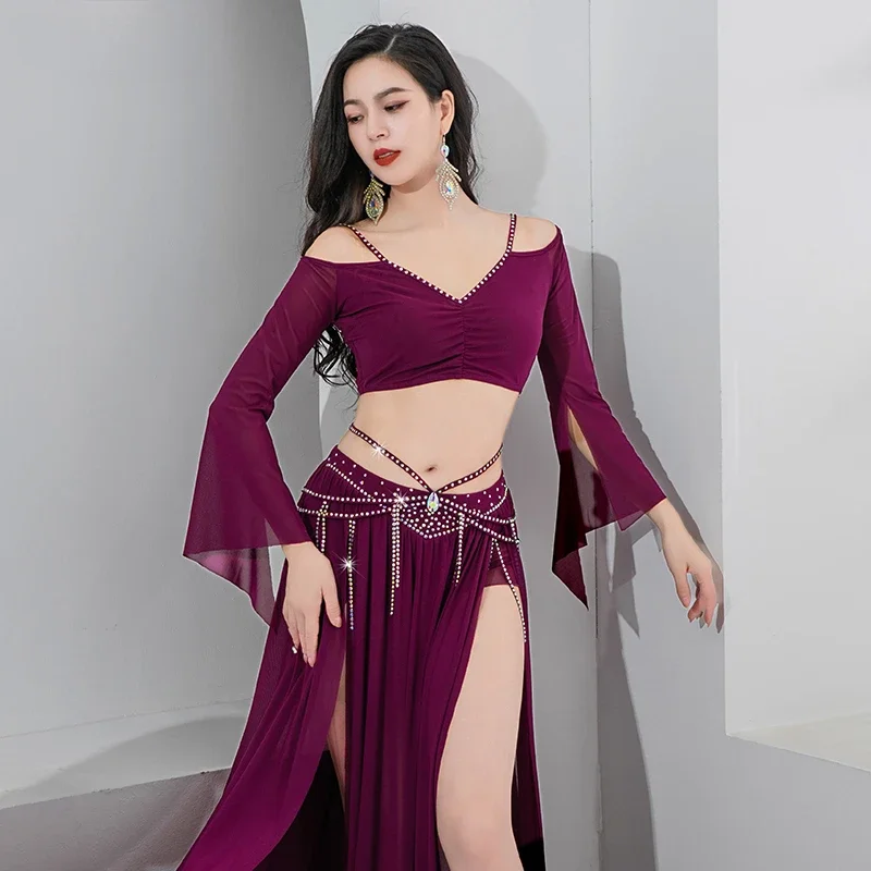 Set di costumi di danza del ventre per donna Top a mezze maniche + gonna lunga in rete con pietre AB 2 pezzi Set di abbigliamento per danza del ventre orientale per adulti