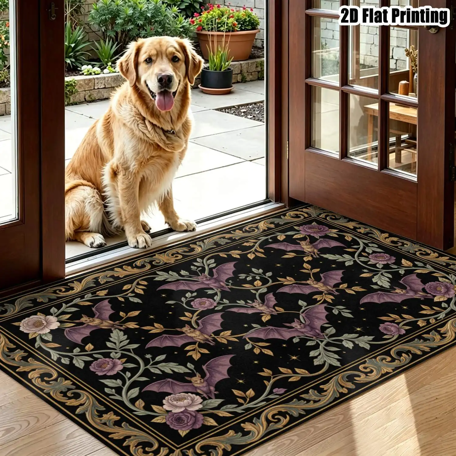 1Pc 2D Printed Carpet: Black Base Purple Bat Flower Pattern, European Retro Floral Bat-Decorated Home Decor Mat, Multi-Size Machine Washable, for Entrance/Dining/Foyer/Bedroom/Living Room