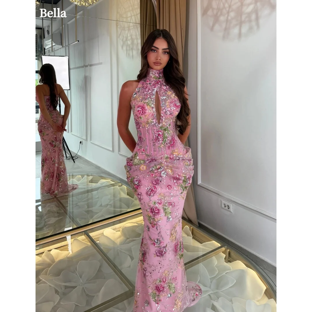 Bella Customized Pink Prom Dresses Elegant Halter Neck Mermaid vestidos de noche Hollowed-out embroidery Floral Formal Evning