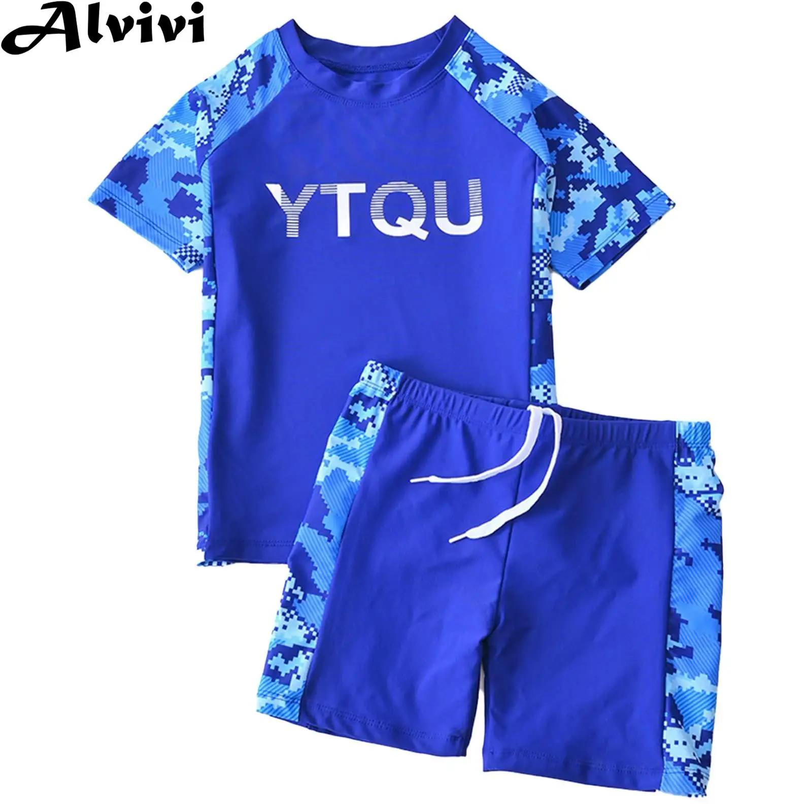 

Boys Girls Two-piece Swimsuit Surfing Clothing Rash Guards Short Sleeve Print Top with Shorts Swimwear Bathing Suit Beachwear