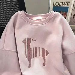 Pulôver de manga comprida com gola redonda feminina, forro de algodão solto estampado, tops coreanos casuais, monocromático, moda outono e inverno