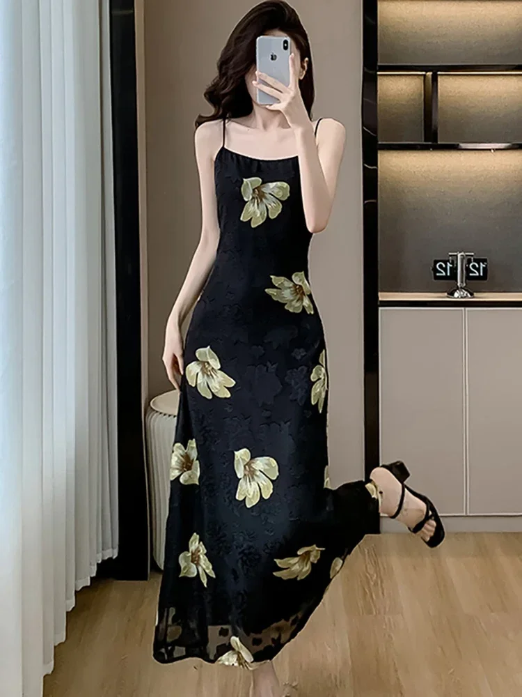 

2025 Fashion Bodycon Chic Luxury Dress Women Korean Vintage Elegant Dance Party Dress Summer Black Floral Sexy Sling Long Dress