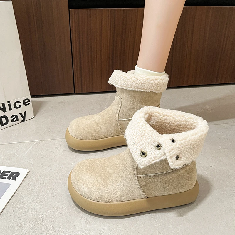 سميكة سوليد المرأة أحذية الثلوج 2025New الخريف الشتاء الصوف مبطن سميكة أحذية قطنية المرأة الدفء الفراء أحذية بوت قصيرة