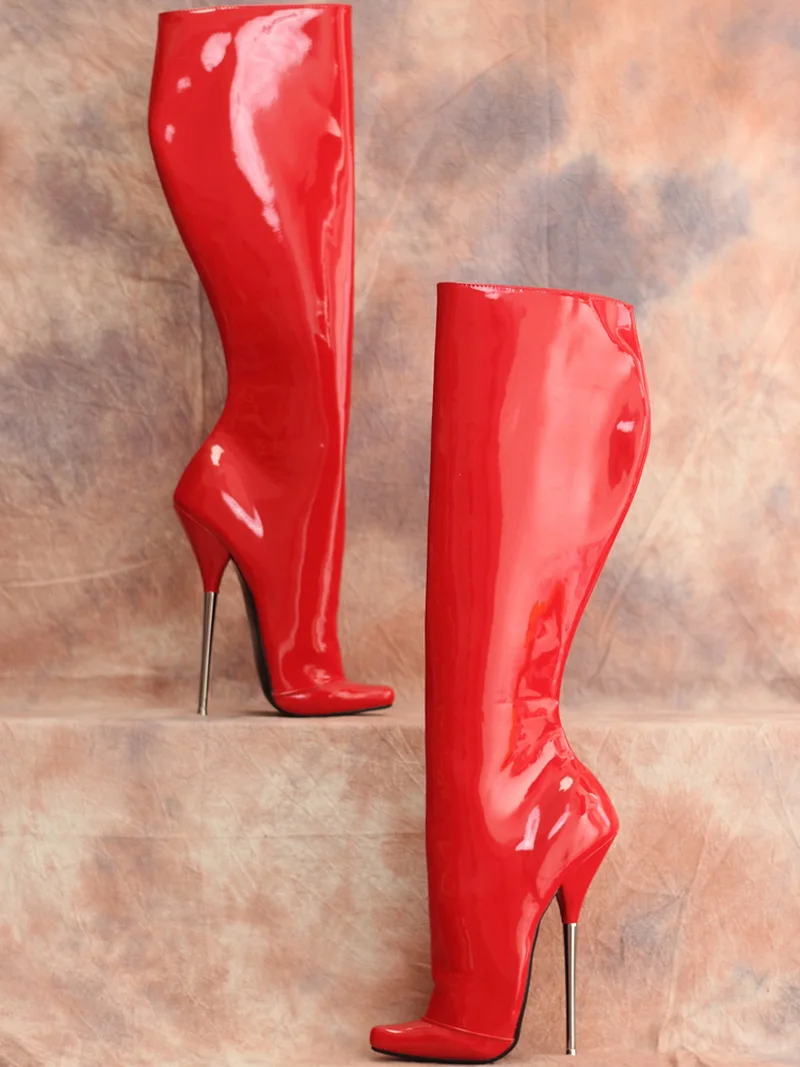 CACA 18cm Metal Heel Knee High Boots,Stage Show Pole Dance Shoes,Fetish Long Botas,Pattern Leather,Side Zip,Red,Custom Colors,