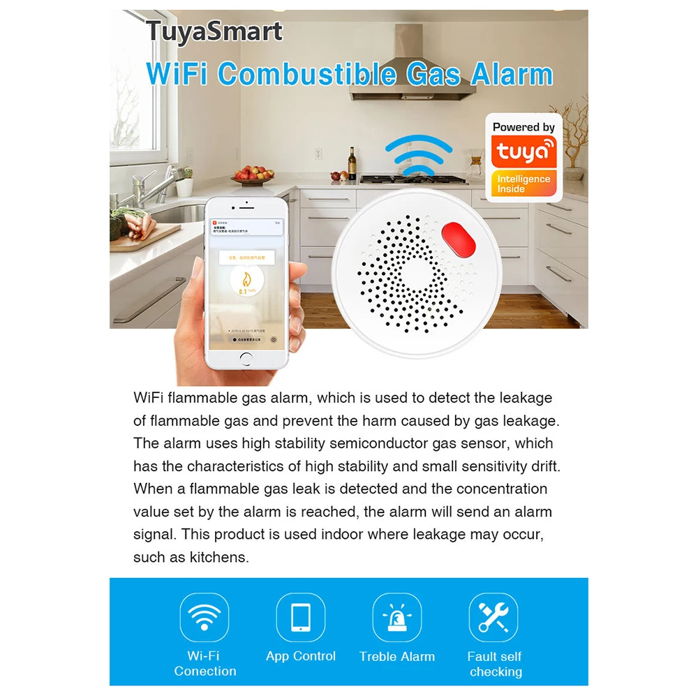 AC110-230V Tuya Wifi Natural Gas Sensor Combustible Household Smart Gas Alarm Detector Leakage Sensor Fire Safety Smart Home