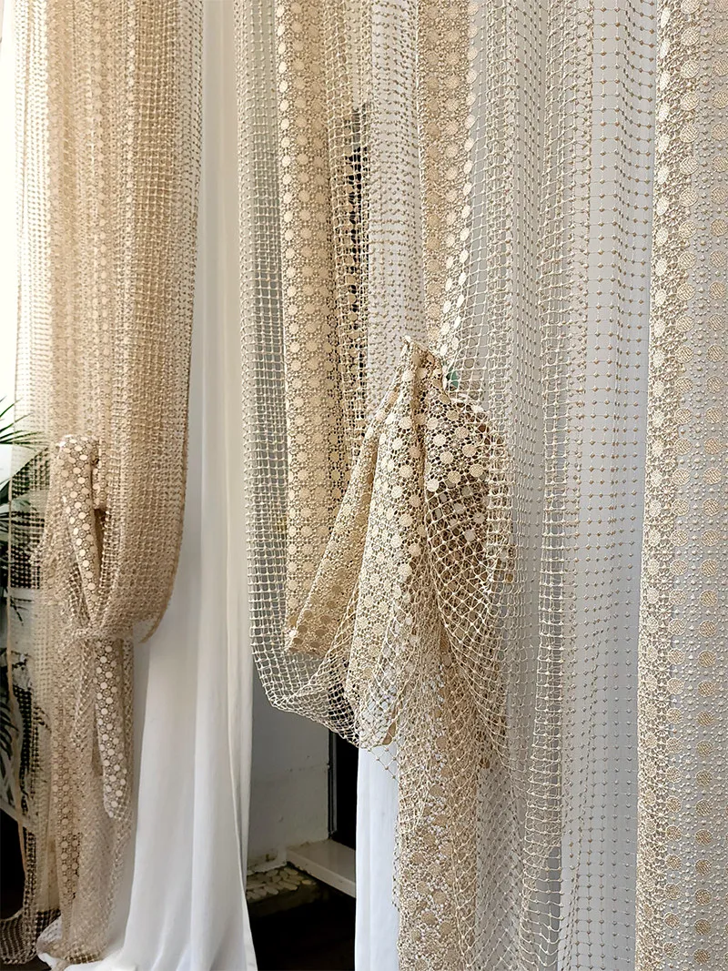 Custom Size Golden Hollow Gauze Curtains European French American Chinese Light Luxury Living Room Villa Curtains Sheer Window