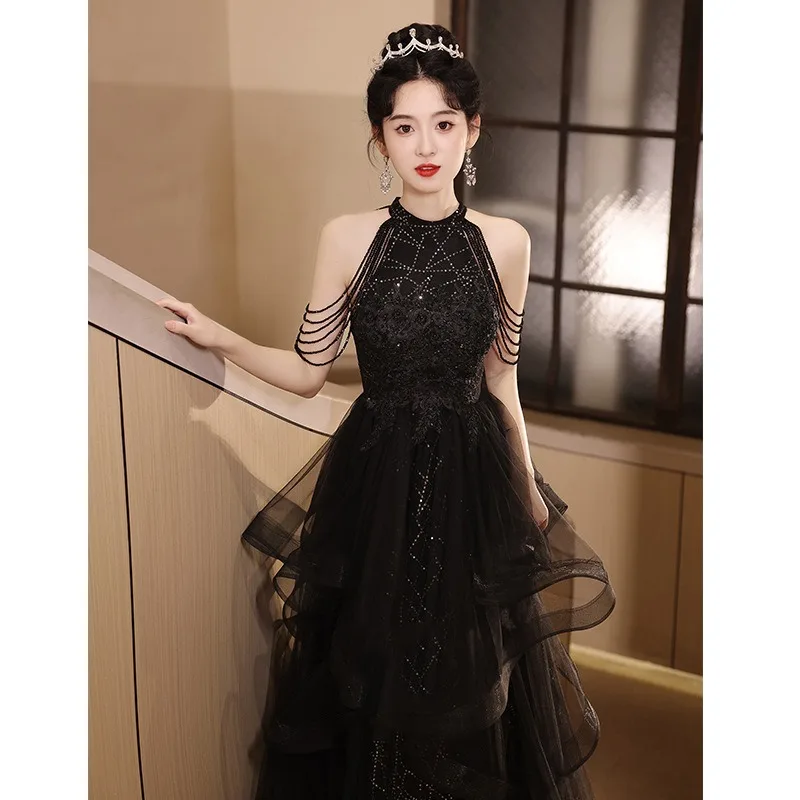 

Sexy Evening Dresses Black Hanging Neck Banquet Temperament Dress Lace Sequined Princess Fluffy Party Dress Formal Women Elegant