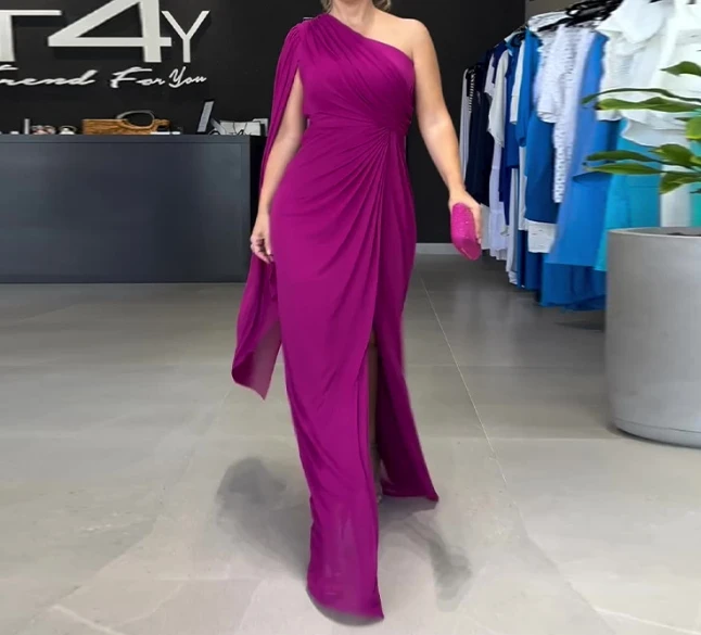 

Women's Party Dress 2024 Summer Autumn Latest Light Mature Style Solid Color Insert Shoulder Sleeve Split Maxi Dress Long Skirt