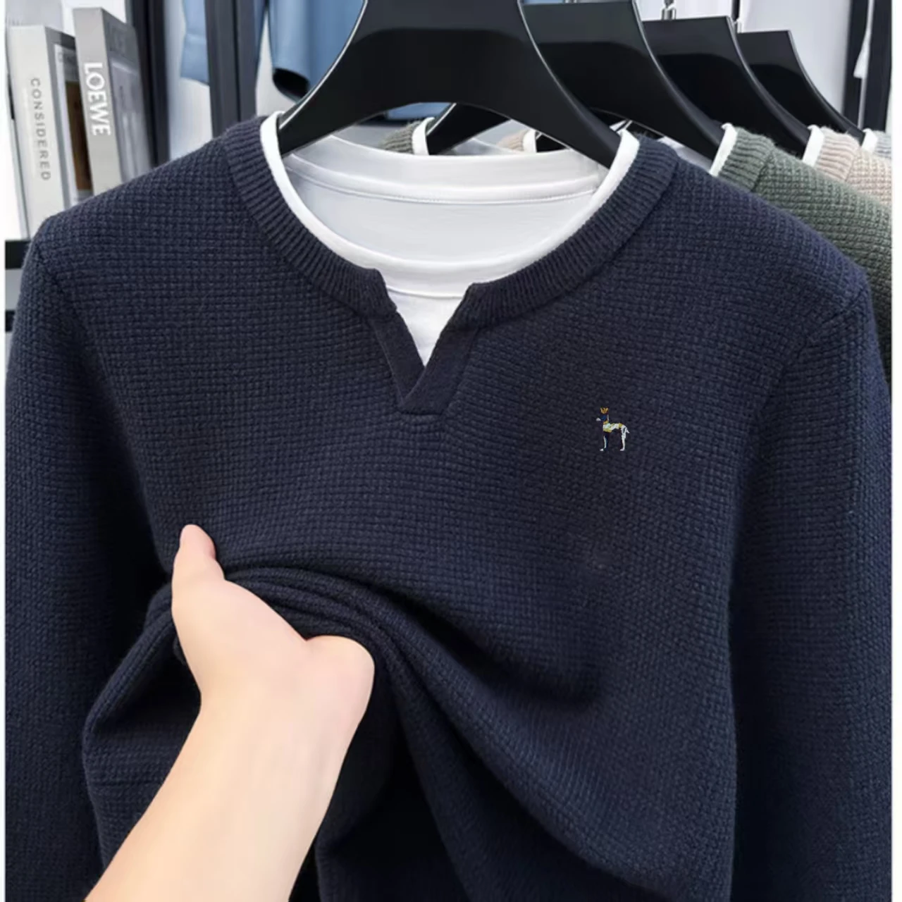 

High End Men's Fake Two-piece Knitted Sweater 2025 New Autumn and Winter Embroidered Sheep Wool Versatile Sweater Round Neck