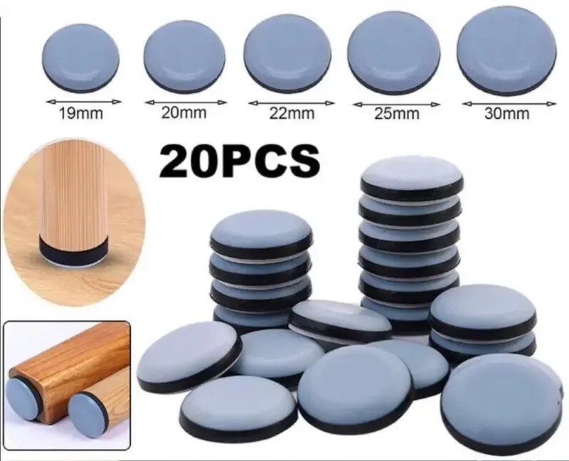 20pcs Round Furniture Gliders Self Adhesive Teflon Sliders Sliding Block Table Chair Leg Mat Floor Protector Mover Pads Grey