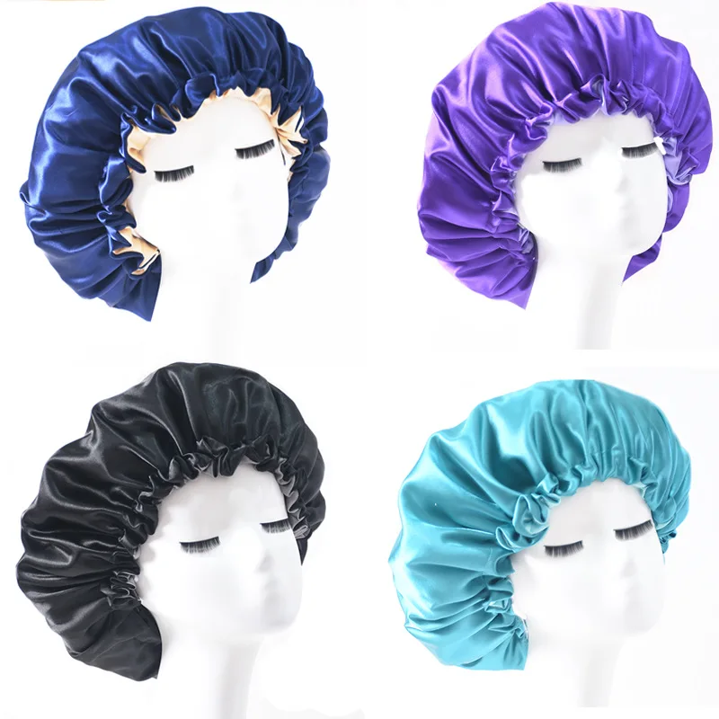 Adjustable Silk Hair Bonnet Sleeping Satin Night Cap Double Layer for Straight Curly Long Short Hair Protection Shower Caps