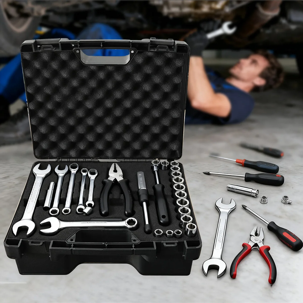 1pc Plastic Multi-Functional Portable Car Repair Tools Box with Pre-cut Sponge, Non-Waterproof Hardware Shell Tool Carrying Case