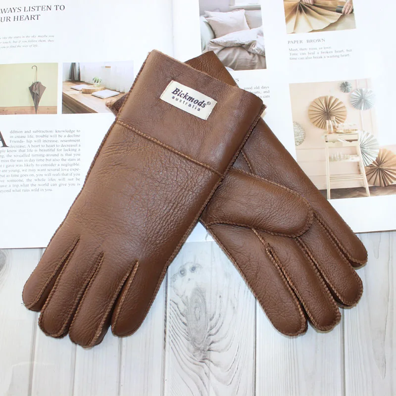 New winter women\'s sheepskin fur gloves Thickened warm wool lining windproof leather driving gloves