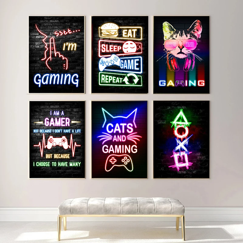 Nordic Cat and Gaming Controller Quotes Poster Modern Canvas Painting for Wall Art Mural Gamer Boys Girls Room Decor (not Neon)