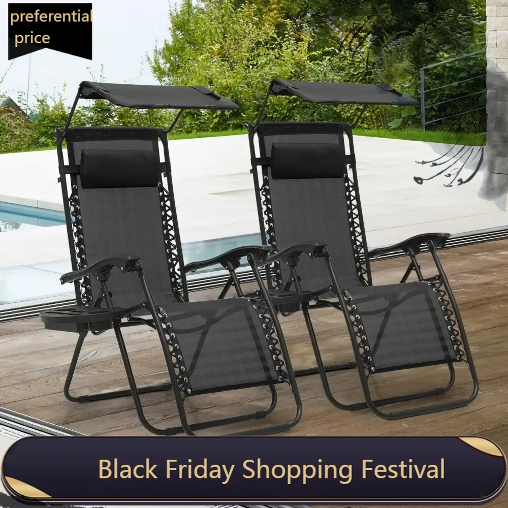 

Set of 2 Outdoor Zero Gravity Chair Reclining Lounger with Sun Shade and Mesh Back, Cup Holder & Side Table,Support 300lbs,Black