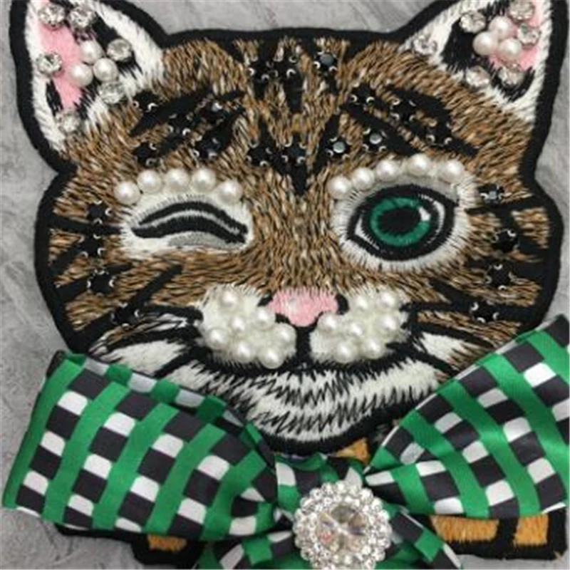 Cartoon Cat Beaded Diamond Green Bow Embroidered Patches For DIY Clothing T Shirt Sew On Accessories Applique