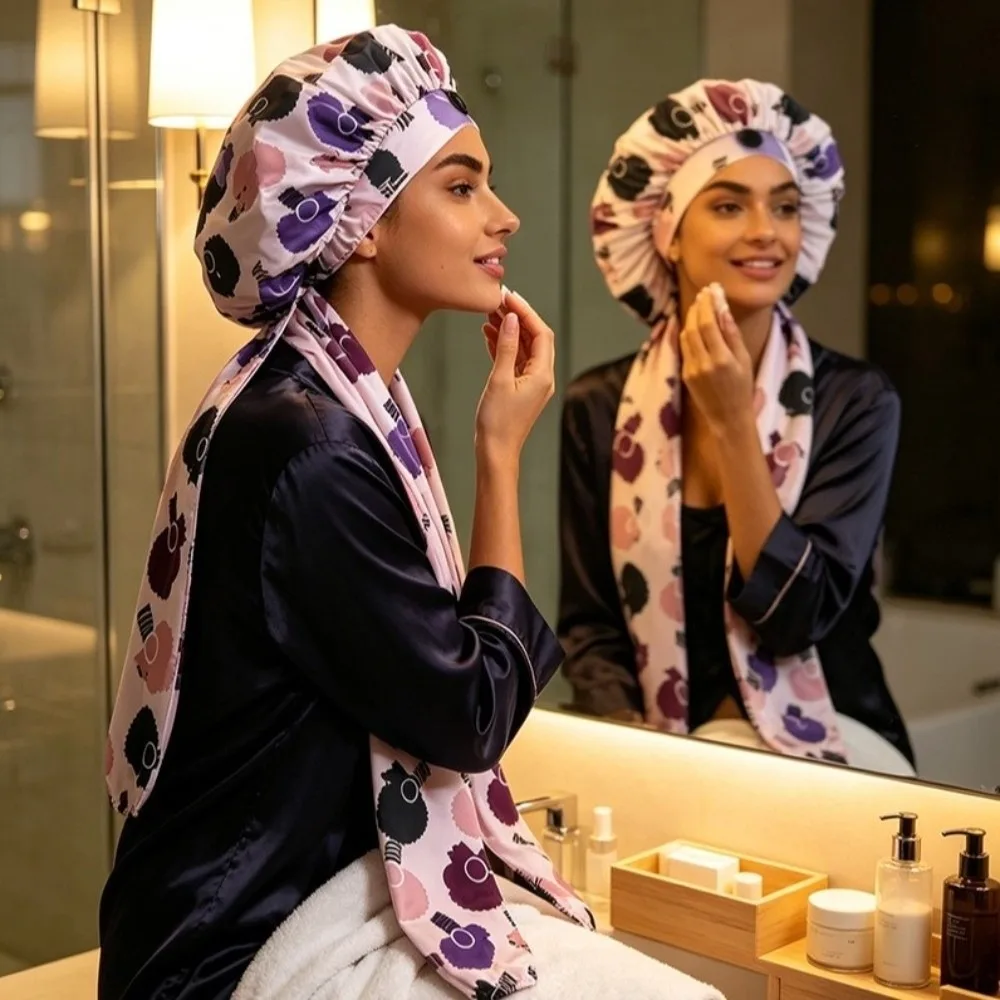 Ice Silk Heatless Curl Bonnet Elastic Band Long Tube Design Hair Care Wrap Satin Material Printed Satin Sleep Cap For Sleeping