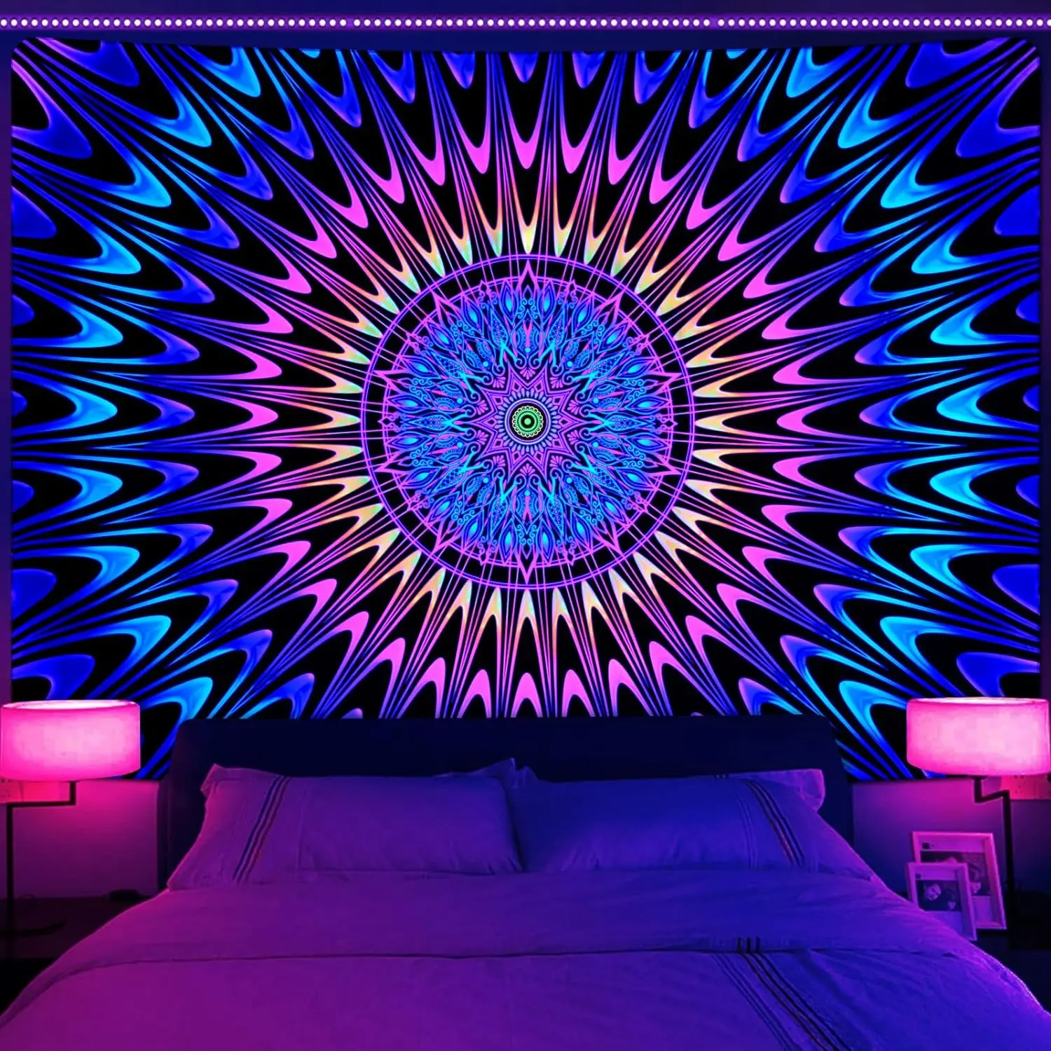 Hippie Blacklight Tapestry Aesthetic UV Reactive Trippy Decor Boho Tapestrie Mandala Wall Art for Bedroom Aesthetic Wall Hanging