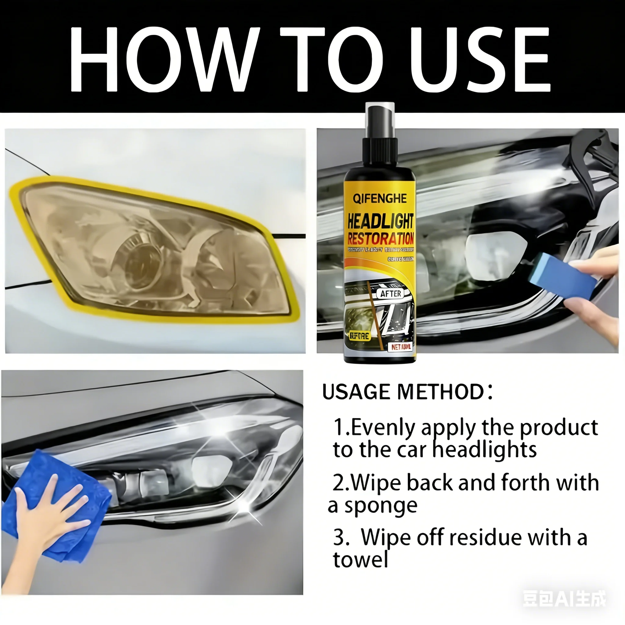 QIFENGHE Headlight Restoration Kit – Restore Clarity & Brightness, Removes Yellowing & Scratches, Easy-to-Use Automotive Lens Po